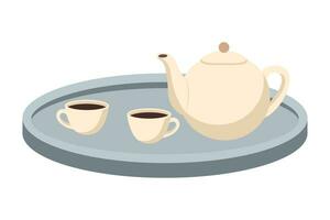Teapot on a tray with cups vector cartoon illustration.