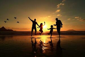 contento familia jugando en el playa a puesta de sol. concepto de simpático familia, contento familia saltando juntos en el playa silueta, ai generado foto