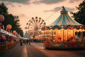 Carnival in the park at sunset. Amusement park, colorful summer carnival at dusk, AI Generated photo