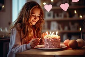 linda pequeño niña soplo fuera velas en su cumpleaños pastel a hogar, niña haciendo corazón gesto y soplo vela en pastel a hogar, ai generado foto