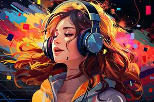 hermosa niña escuchando a música en auriculares. vector ilustración. música concepto, niña con auriculares en un vistoso vívido antecedentes. un ilustración de auditivo alucinaciones, ai generado foto