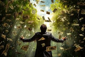 Rear view of a businessman standing in a rain of dollar bills, Happy successful man rearview standing under money rain. A lot of dollar banknotes fall on the man, AI Generated photo