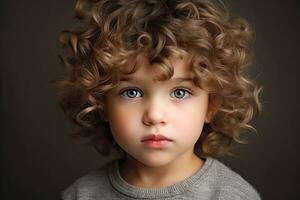 Portrait of a little girl with curly hair on a dark background, Cute baby with fluffy hair. Pretty boy, AI Generated photo