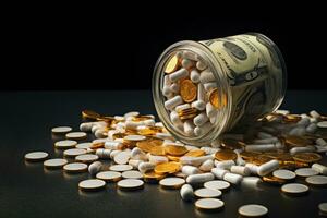 Dollars and pills in a glass jar on a black background, Expensive medicine contempt, with money and medicine, AI Generated photo