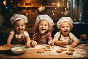 contento niños son preparando galletas en el cocina. el concepto de un familia día festivo, contento familia gracioso niños hornear galletas en cocina, ai generado foto