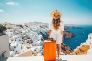 joven mujer en sombrero con naranja maleta en santorini isla, Grecia, contento momento con joven mujer posterior ver turista como naranja el equipaje en santorini Isla, Grecia, ai generado foto