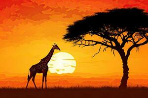 africano sabana paisaje con jirafa y acacia árbol a atardecer, jirafa silueta - africano fauna silvestre antecedentes - belleza en color y libertad, ai generado foto