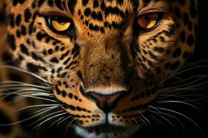 de cerca retrato de un leopardo, panthera onca, cerca arriba retrato de un leopardo cabeza, ai generado foto