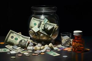 Glass jar with dollars and pills on a black background with copy space, Expensive medicine contempt, with money and medicine, AI Generated photo