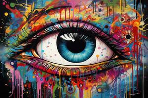 Colorful eye with abstract painting. Computer generated illustration. 3D rendering, colorful eye painting, AI Generated photo