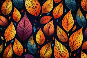 Seamless pattern with autumn leaves on dark background. illustration, Colorful seasonal autumn background pattern, AI Generated photo