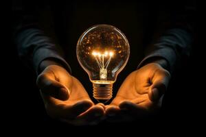 Glowing light bulb in the hands of a man on a black background, Conceptual image of lightbulb in hand against Black background, AI Generated photo