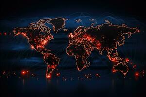 mundo mapa en un oscuro fondo, brillante líneas símbolos de el Internet, comunicaciones red mapa de el mundo, ai generado foto