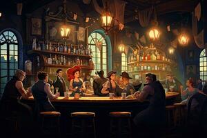 Illustration of the interior of a pub with people in the evening, Concept of pub culture and drinking, AI Generated photo