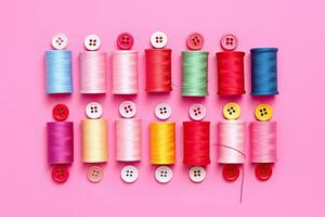Colorful sewing threads and buttons on pink background. Flat lay, top view, Colorful thread spools and buttons on pink background, AI Generated photo
