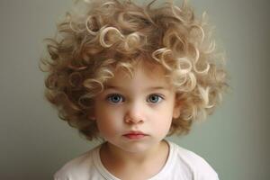 Portrait of a cute little girl with blond curly hair on gray background, Cute baby with fluffy hair. Pretty boy, AI Generated photo