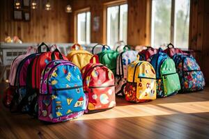 Colorful school backpacks on wooden floor in classroom. Back to school concept, Colourful children schoolbags on wooden floor. Backpacks with school accessories, AI Generated photo