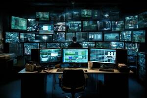 Rear view of a hacker in a dark room with computers and monitors, Computer monitors in a room with many screens and monitors on the wall, AI Generated photo