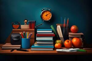 espalda a colegio concepto con libros, manzana, lapices y alarma reloj, compuesto imagen de colegio suministros en escritorio, ai generado foto