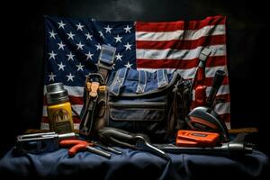 Variety of construction tools on American flag background. Labor day concept, Construction and manufacturing tools with patriotic US, USA, American flag on dark black background, AI Generated photo