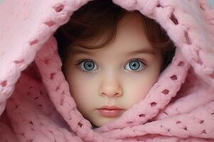 de cerca retrato de un pequeño niña en un rosado de punto frazada, linda bebé niña ocultación debajo un rosado frazada. mirando a cámara, ai generado foto