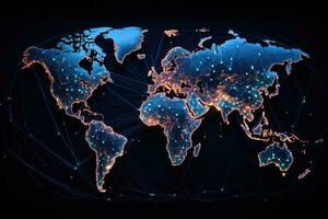 brillante mundo mapa en oscuro antecedentes. globalización concepto. 3d representación, comunicaciones red mapa de el mundo, ai generado foto