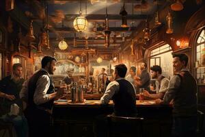 Group of men sitting at a bar counter in a pub and having a drink, Concept of pub culture and drinking, AI Generated photo
