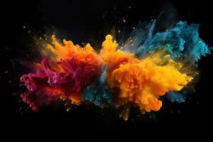Colorful explosion of paint isolated on black background. Abstract colored background, color dust splash on a dark black background, AI Generated photo