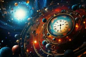 Clock face on space background. 3D rendering. Elements of this image furnished by NASA, Colorful abstract wallpaper texture background, Universe and time travel between stars, AI Generated photo