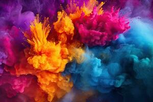 Colorful cloud of ink in water. Abstract background for design, Colored powder explosion. Abstract closeup dust on backdrop, AI Generated photo