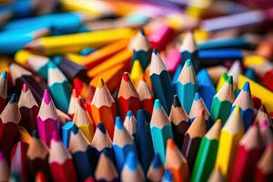 Colorful pencils background. Selective focus and shallow depth of field, Colored sharpener pencils. Macro shot of many color pencils, AI Generated photo