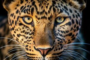 cerca arriba retrato de un leopardo, panthera pardus, cerca arriba retrato de un leopardo cabeza, ai generado foto