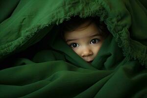 retrato de un linda pequeño niña ocultación debajo un verde frazada, linda pequeño bebé niña es ocultación debajo un verde cobija en cama, ai generado foto