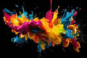 Colored paint splashes isolated on black background. 3d rendering, Colorful paint splashes and blots on black background, AI Generated photo