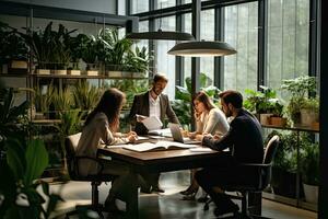 Group of business people working together in modern office. They are sitting at the table and communicating, Colleagues working together in an office space, AI Generated photo