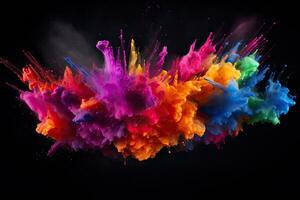 Colorful paint splashes isolated on black background. 3d rendering, color dust splash on a dark black background, AI Generated photo