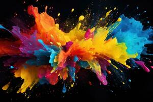Colorful paint splashes isolated on black background. Abstract background, Colorful paint splashes and blots on black background, AI Generated photo