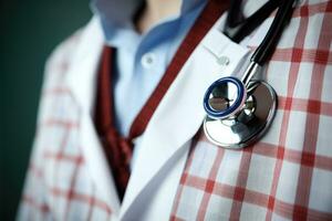 Close-up of a stethoscope in the hands of a doctor, Closeup of a stethoscope on a medical uniform, AI Generated photo