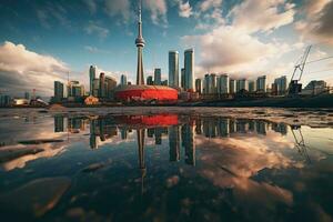 Shanghai Lujiazui Finance and Trade Zone of the modern city, CN tower and Toronto Harbour reflection, AI Generated photo