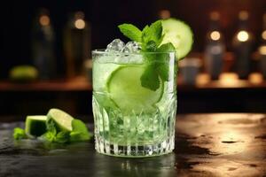 Cucumber mojito cocktail with lime and mint on bar counter, Cocktail with cucumber, ice on bar counter in a restaurant, pub, AI Generated photo