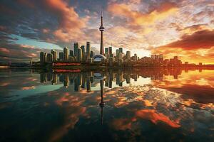 llevar a la fuerza horizonte a puesta de sol con reflexión en huangpu Río, China, cn torre y Toronto puerto reflexión, ai generado foto