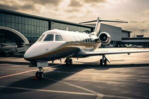 Airplane on the runway of an airport. Selective focus, Closeup of a business jet parked outside,  AI Generated photo