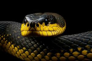 cerca arriba de el cabeza de un negro y amarillo a rayas serpiente en negro fondo, de cerca de salvaje negro amarillo serpiente aislado en Florida, ai generado foto