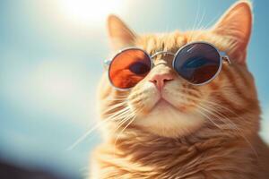 Cute ginger cat wearing sunglasses on the background of blue sky, Closeup portrait of a funny ginger cat wearing sunglasses, AI Generated photo