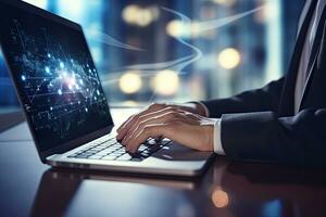 business, technology and internet concept - close up of businessman working with laptop computer in office, Close up of businessman hands typing on laptop keyboard. Network, AI Generated photo