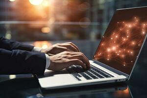 Close up of businessman working on laptop with abstract glowing network hologram, Close up of businessman hands typing on laptop keyboard. Network and communication concept, AI Generated photo