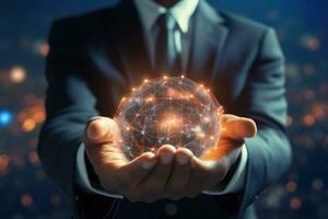Businessman holding global network in his hands. 3D rendering, Close up of businessman hands touching global network concept. 3D rendering, AI Generated photo