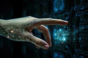Close up of human hand touching with finger virtual panel with microcircuit, Close up of handshake in the office, AI Generated photo