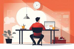 Businessman working at the office. Vector illustration in flat style, Casual entrepreneur desktop sitting at work, AI Generated photo