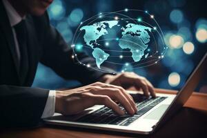 Close up of businessman hands using laptop with world map and networking concept, Close up of businessman hands typing on laptop keyboard. Network and communication concept, AI Generated photo